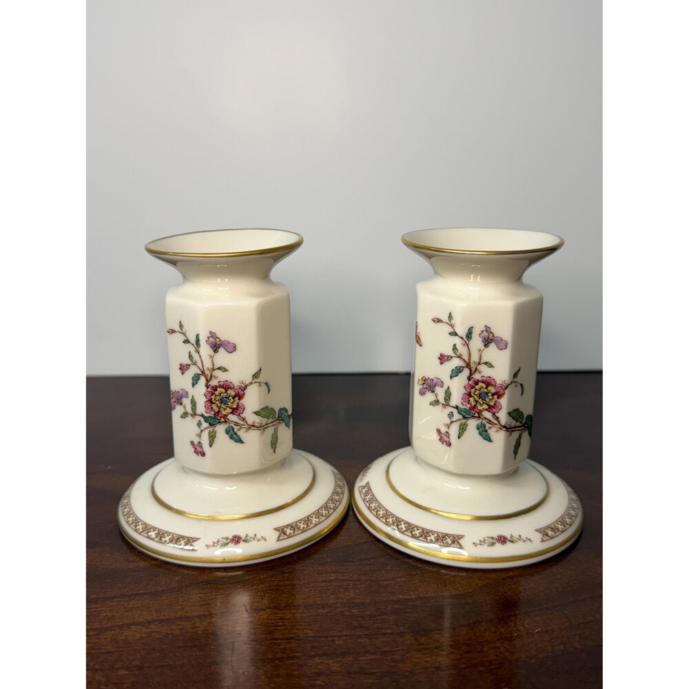 Gorham Secret Garden Candlesticks Pair Floral Porcelain 1980s USA